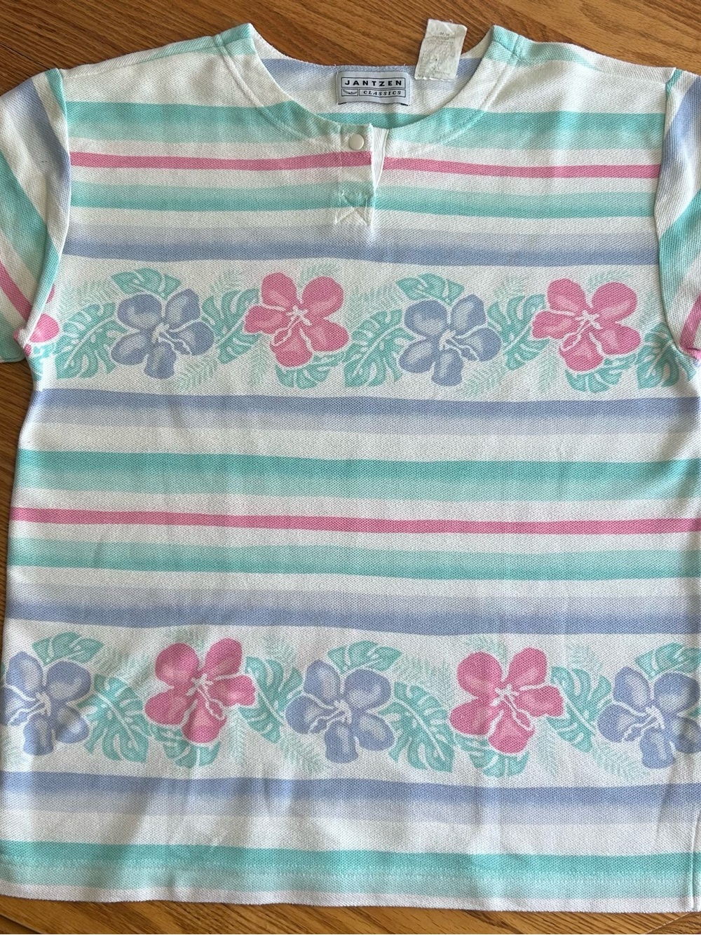 Vintage Jantzen White Short Sleeve with Pink, Mint & Lavender Floral Stripes